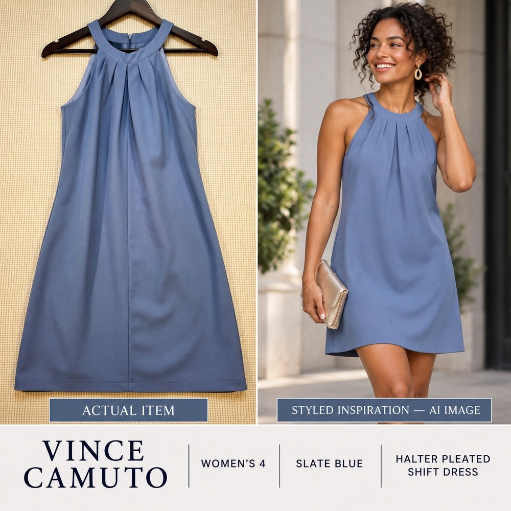 Vince Camuto Halter Pleated Shift Dress Slate Blue Sleeveless Size‎ 4 Mini Shift